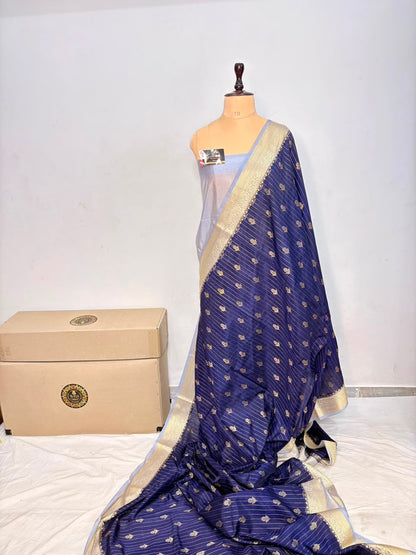 Navy Blue Chiniya D.P.N Banarasi Saree – Soft, Elegant &amp; Festive Wear