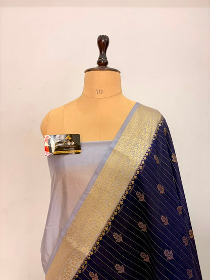 Navy Blue Chiniya D.P.N Banarasi Saree – Soft, Elegant &amp; Festive Wear