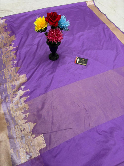 Royal Purple Katan Georgette Banarasi Saree – Elegant Banaras Ghat Design