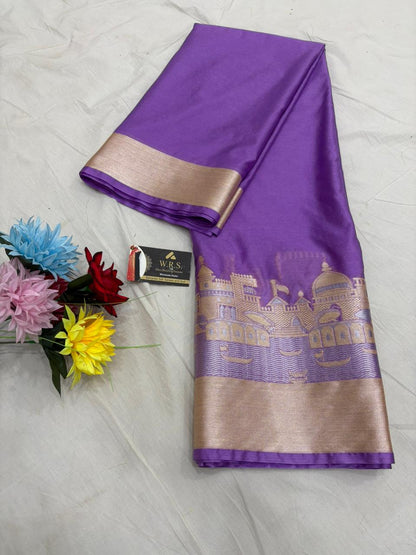 Royal Purple Katan Georgette Banarasi Saree – Elegant Banaras Ghat Design