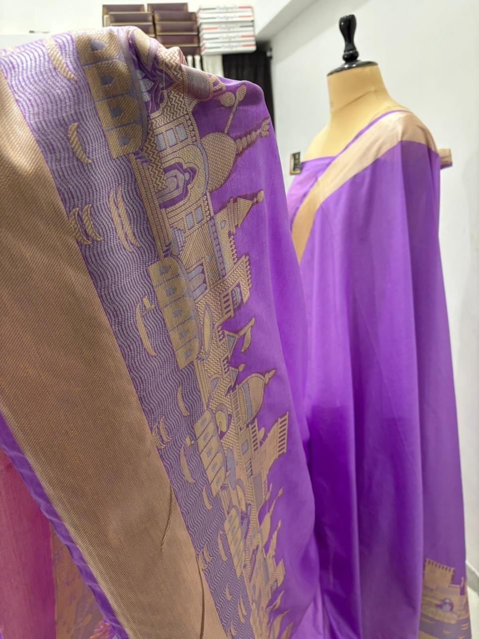 Royal Purple Katan Georgette Banarasi Saree – Elegant Banaras Ghat Design