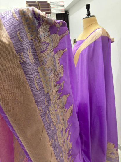 Royal Purple Katan Georgette Banarasi Saree – Elegant Banaras Ghat Design