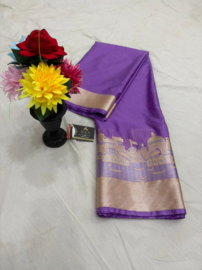 Royal Purple Katan Georgette Banarasi Saree – Elegant Banaras Ghat Design