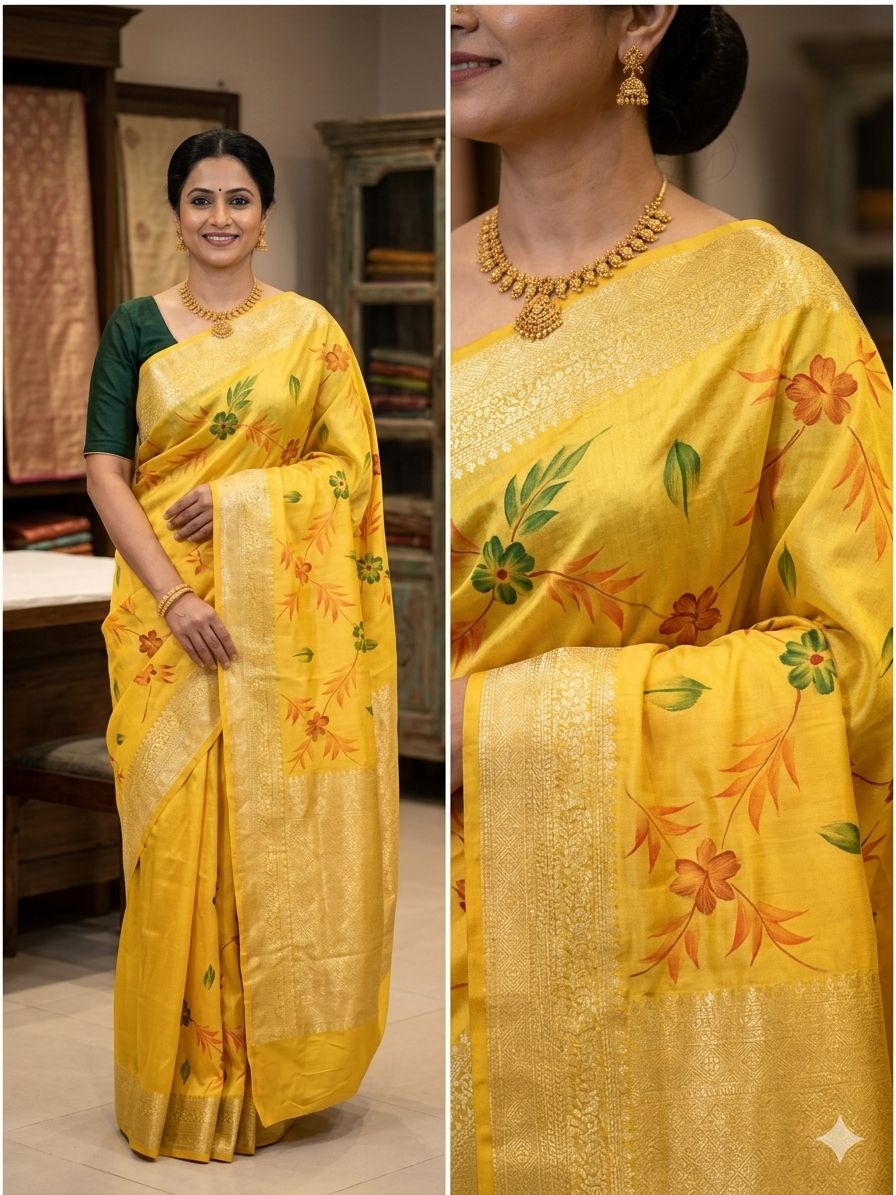 Yellow Chiniya Silk Banarasi Saree – Soft, Elegant &amp; Traditional