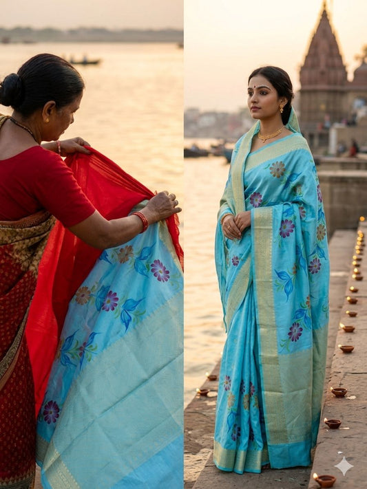 Sky Blue Chiniya Silk Banarasi Saree – Soft, Elegant &amp; Traditional