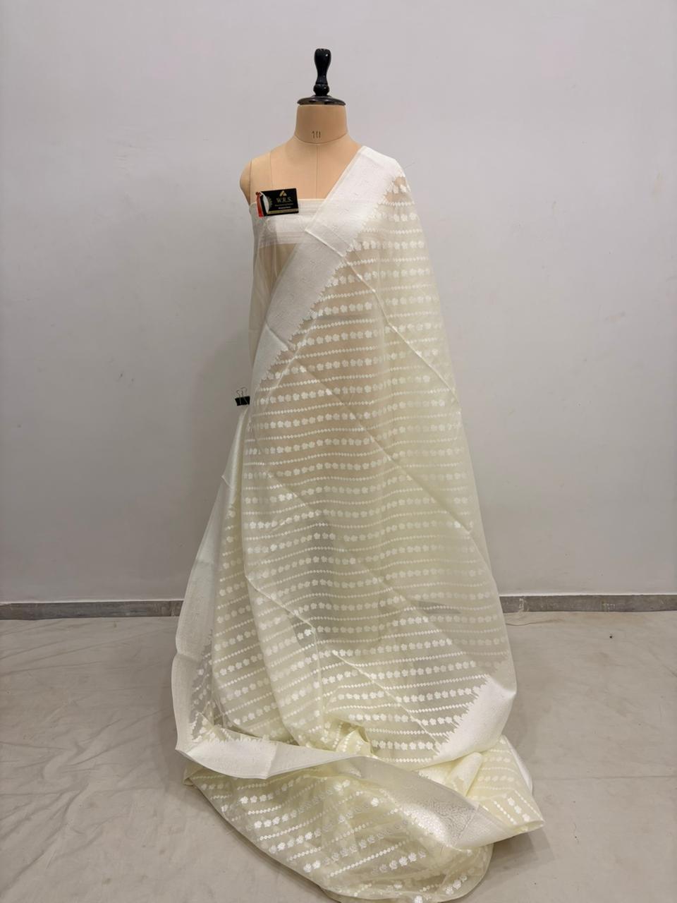 Cream Cotton Ada Buti Banarasi Soft Saree with Jacquard Work
