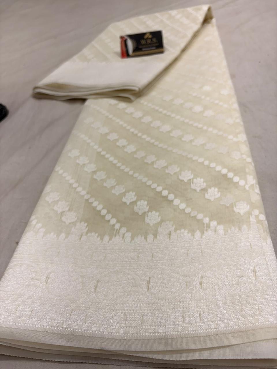 Cream Cotton Ada Buti Banarasi Soft Saree with Jacquard Work