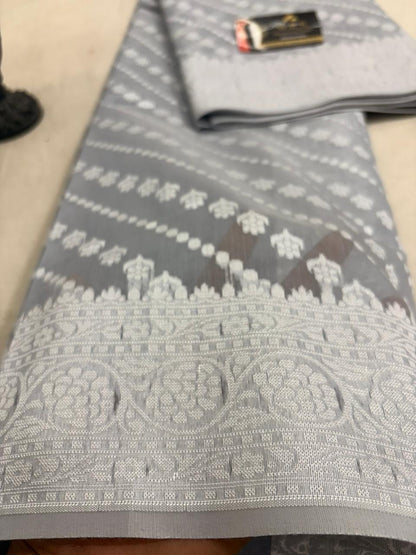 Grey Cotton Ada Buti Banarasi Soft Saree with Jacquard Work