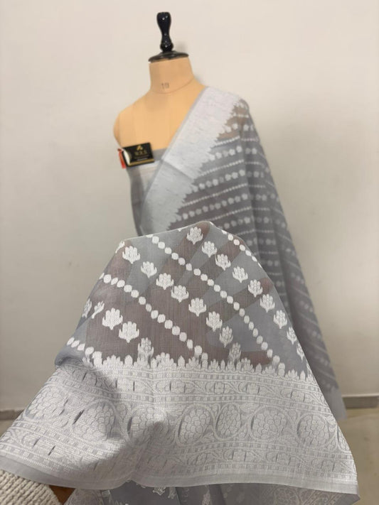 Grey Cotton Ada Buti Banarasi Soft Saree with Jacquard Work