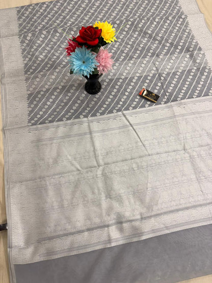 Grey Cotton Ada Buti Banarasi Soft Saree with Jacquard Work