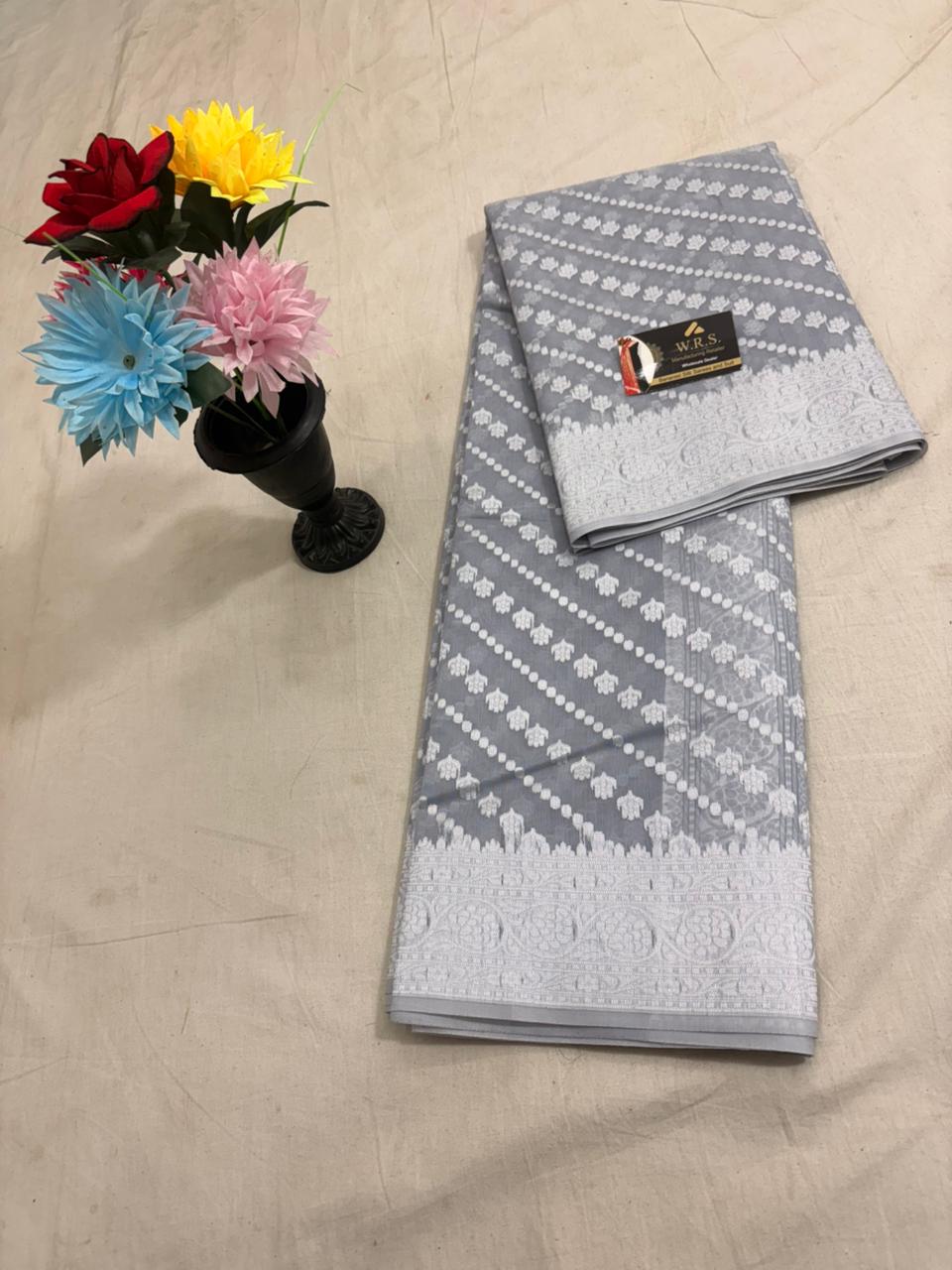 Grey Cotton Ada Buti Banarasi Soft Saree with Jacquard Work