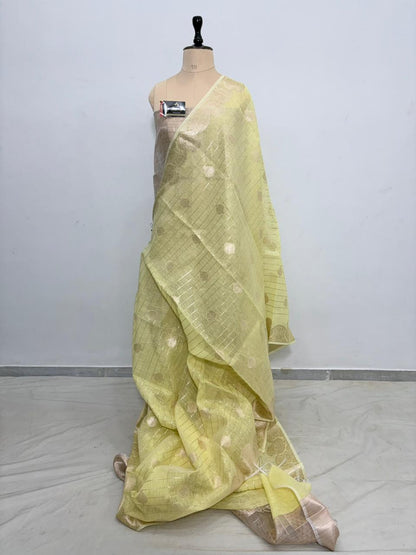 Lemon Linen Cotton Banarasi Saree with Pattidar Buta & Jacquard Work