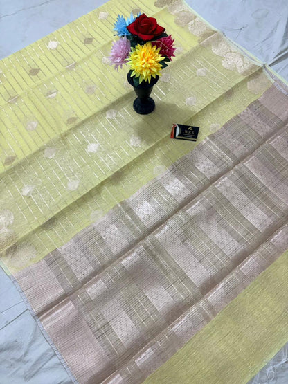 Lemon Linen Cotton Banarasi Saree with Pattidar Buta & Jacquard Work
