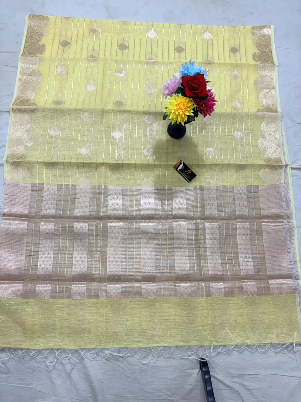 Lemon Linen Cotton Banarasi Saree with Pattidar Buta & Jacquard Work
