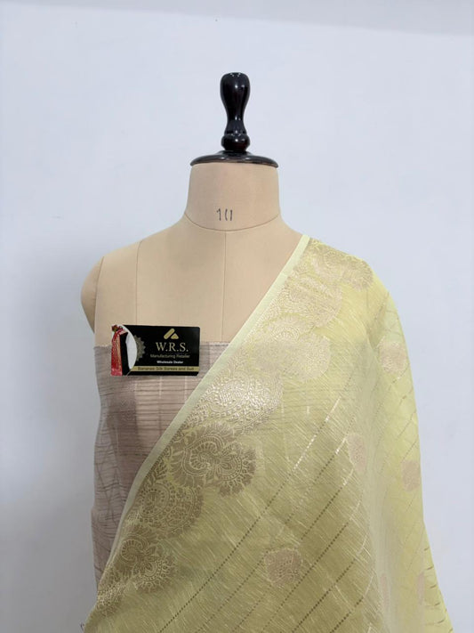 Lemon Linen Cotton Banarasi Saree with Pattidar Buta & Jacquard Work