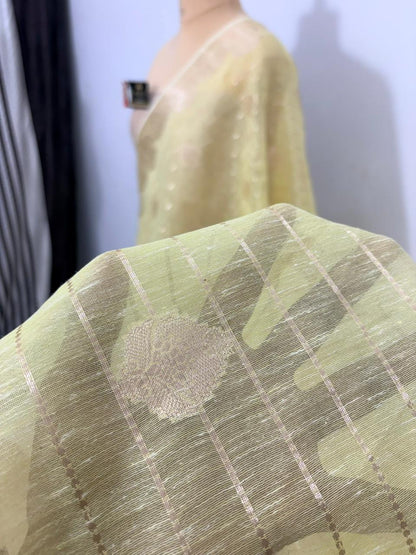 Lemon Linen Cotton Banarasi Saree with Pattidar Buta & Jacquard Work