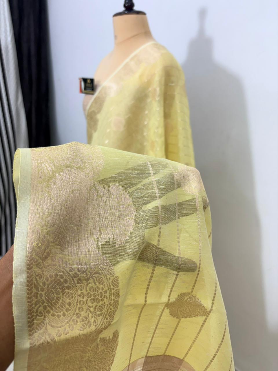 Lemon Linen Cotton Banarasi Saree with Pattidar Buta & Jacquard Work