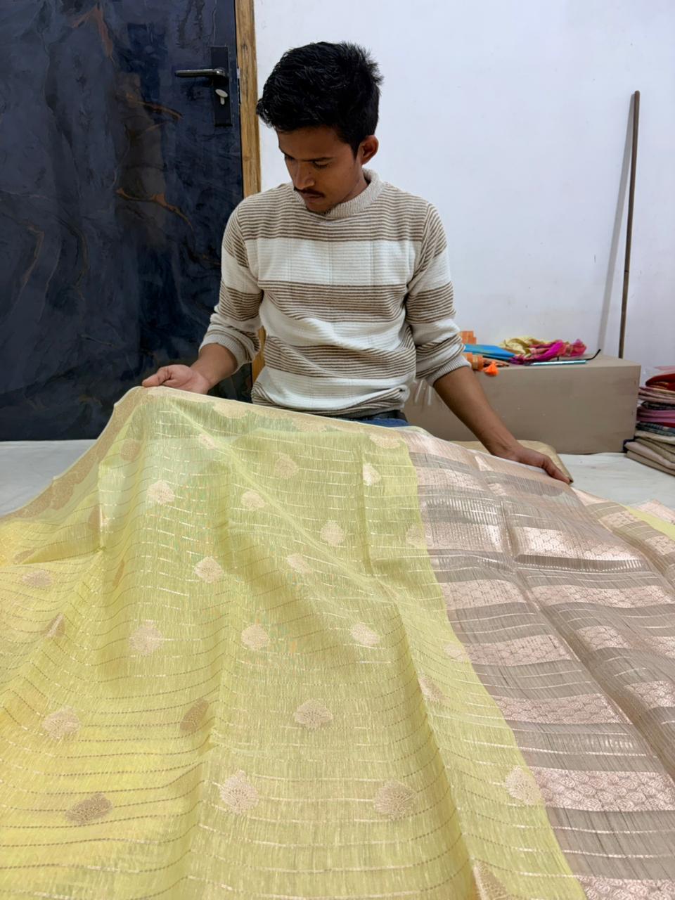 Lemon Linen Cotton Banarasi Saree with Pattidar Buta & Jacquard Work