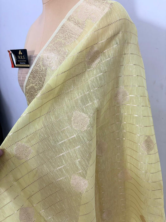 Lemon Linen Cotton Banarasi Saree with Pattidar Buta & Jacquard Work