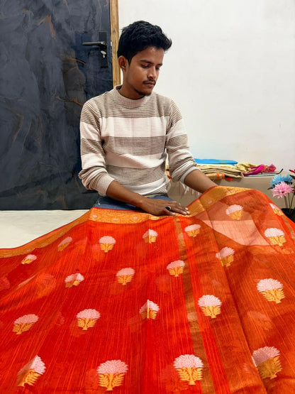 Orange Salab Buta Banarasi Silk Saree with Jacquard Work