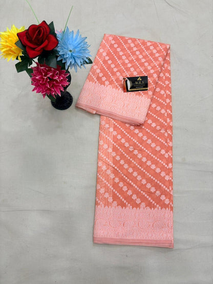 Peach Cotton Ada Buti Banarasi Soft Saree with Jacquard Work