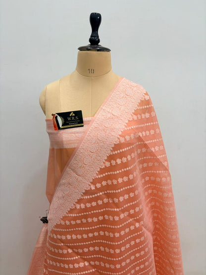 Peach Cotton Ada Buti Banarasi Soft Saree with Jacquard Work