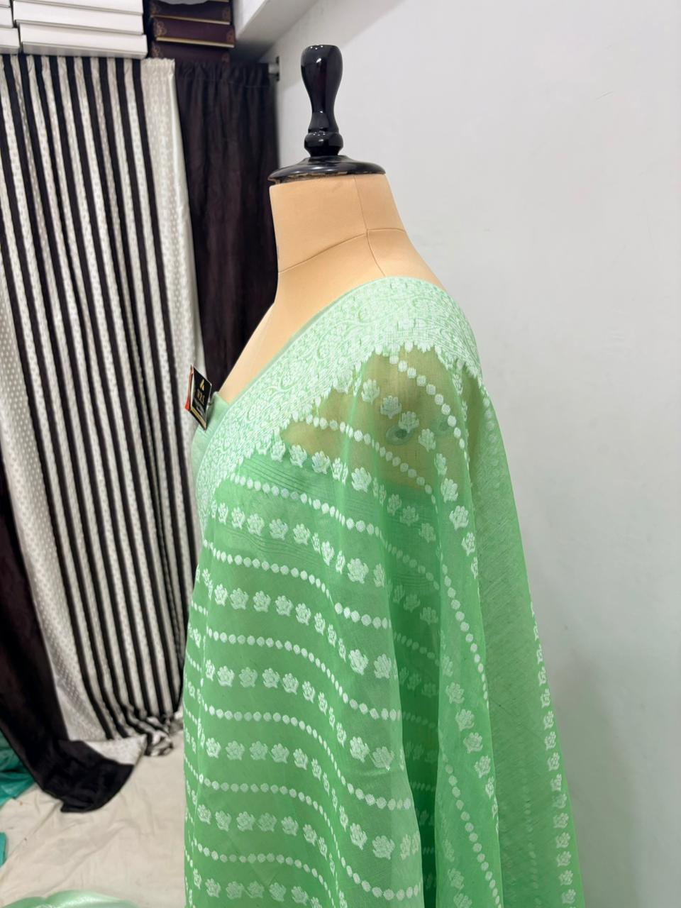 Sea Green Cotton Ada Buti Banarasi Soft Saree with Jacquard Work