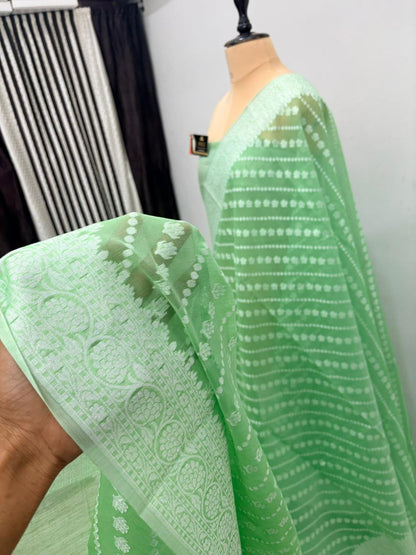 Sea Green Cotton Ada Buti Banarasi Soft Saree with Jacquard Work