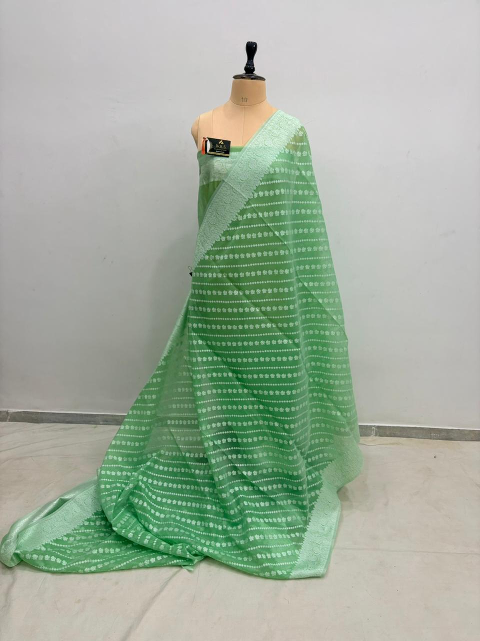 Sea Green Cotton Ada Buti Banarasi Soft Saree with Jacquard Work